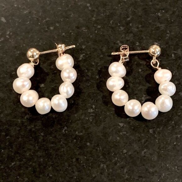 Real Freshwater Pearl Huggie Hoop Earrings, 18k Gold Plate, Handmade Unisex Gift - Picture 3 of 9